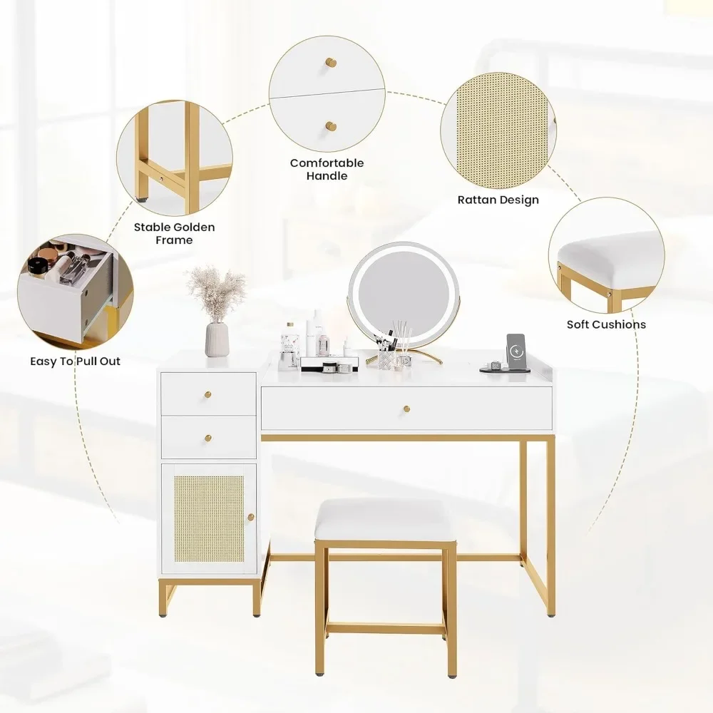 Office Furniture Desk Sets, Computer Desk And Chair Set, White And Gold Desk With 3 Drawers And Rattan Cabinet,Home Office 2