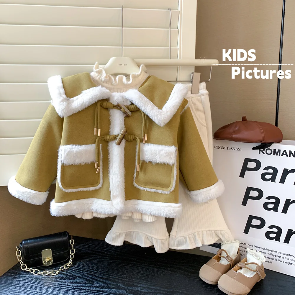 

Kids Girls Velvet Fur Coats Autumn Winter Fashion Thick Warm Cotton Jacket Korean Style Girl Outerwear Children Clothes Overcoat