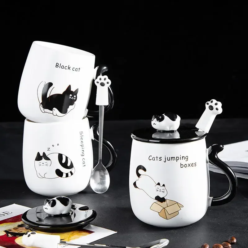 

Cute Cartoon Cat Ceramic Coffee Mug With Lid Spoon Set Office Home Large Capacity Drinkware Water Cup Fashion Gift For Friends