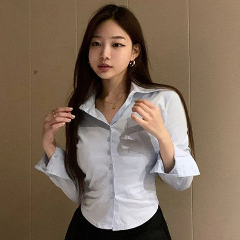 한국어 화이트 오피스 여성 쉬폰 셔츠 포켓 버튼 옷깃 숙녀 블라우스 봄 통근 긴 소매 새로운 여성 자르기 탑