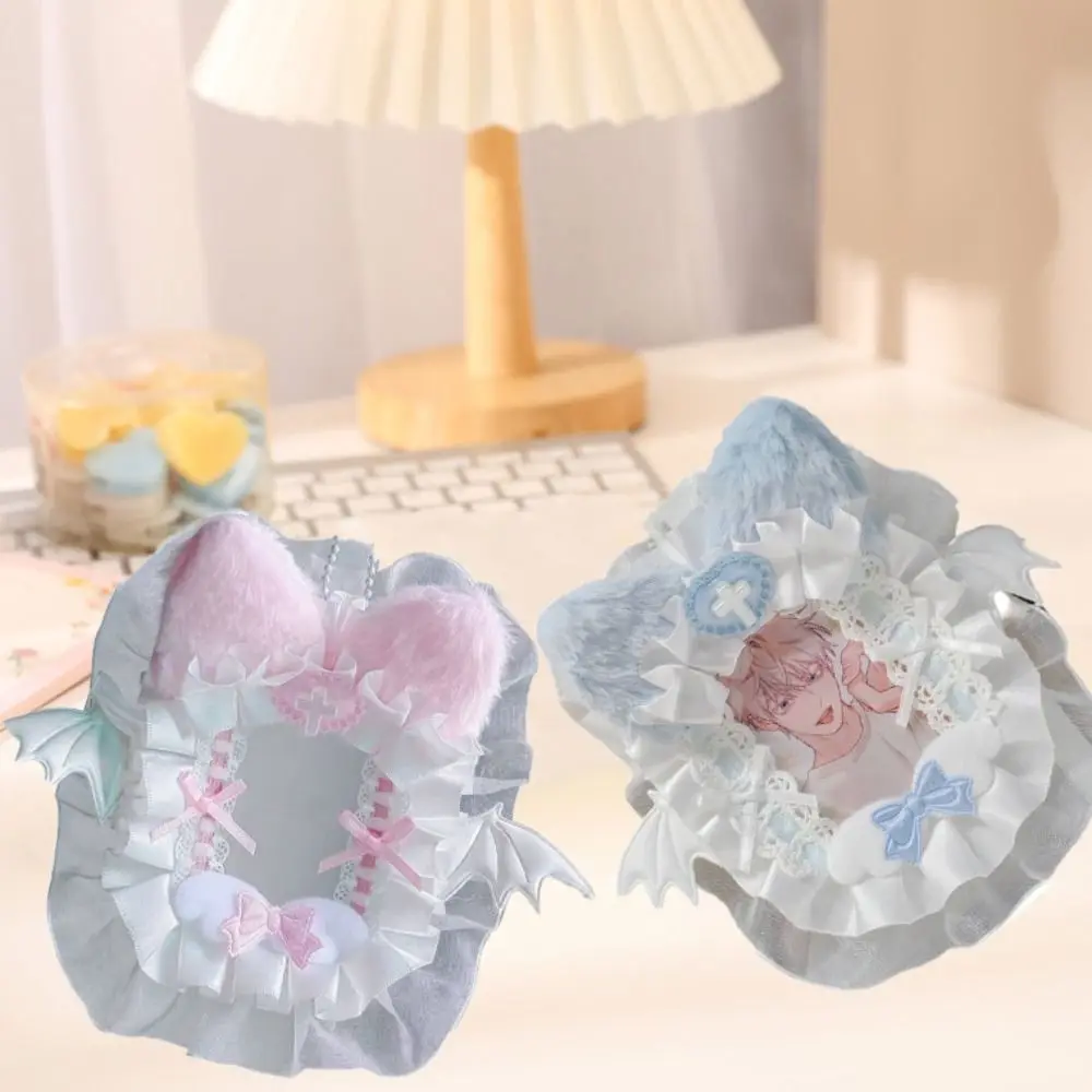 Ins Style Cartoon Plush Card Holder Lace Cat Ear Photo Protector Case Angel Wings Cute Star Chasing Pendant Keychain Student