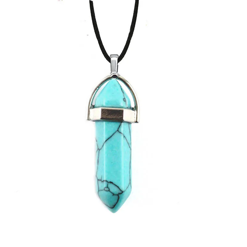 Natural stone pendant necklace quartz crystals hexagonal column pendulum leather necklaces hexagon rose crystal necklace 6