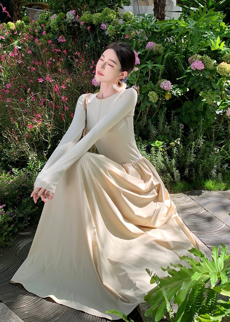 Vestidos largos informales de retazos para mujer, cuello redondo, mangas largas, corte en A, otoño primavera, moda coreana, vestidos de una pieza para mujer, nuevos