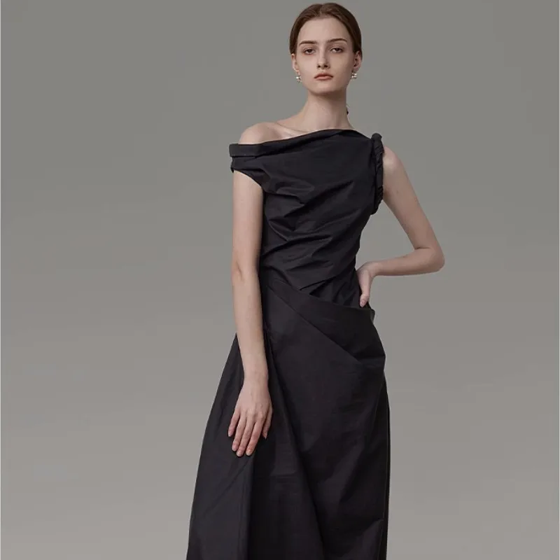 

Off Shoulder Dress Women'S 2023 Summer New French Advanced Design Sense Kikyo Black Minority Style Sleeveless Dress