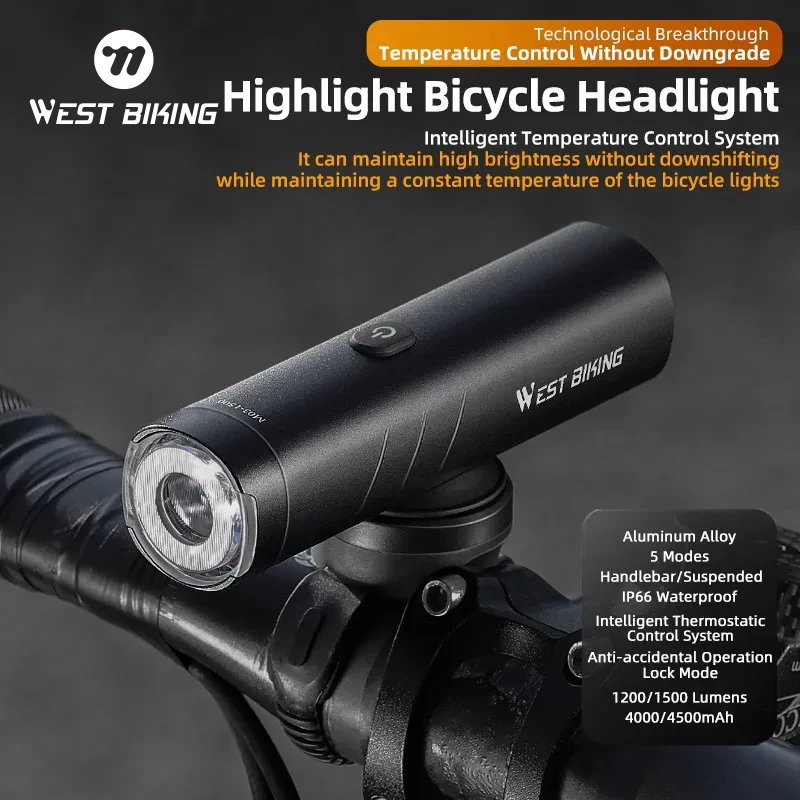 WEST BIKING Bicycle Headlight 600/1200/1500 Lumen IP66 Waterproof