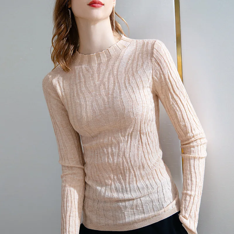 

HIgh Quality 2024 Women Tops Wrinkle Wool Winter Autumn T- Shirt Female Grace Clothing Sexy Crop Top Clothes Casual Blouse Y2k
