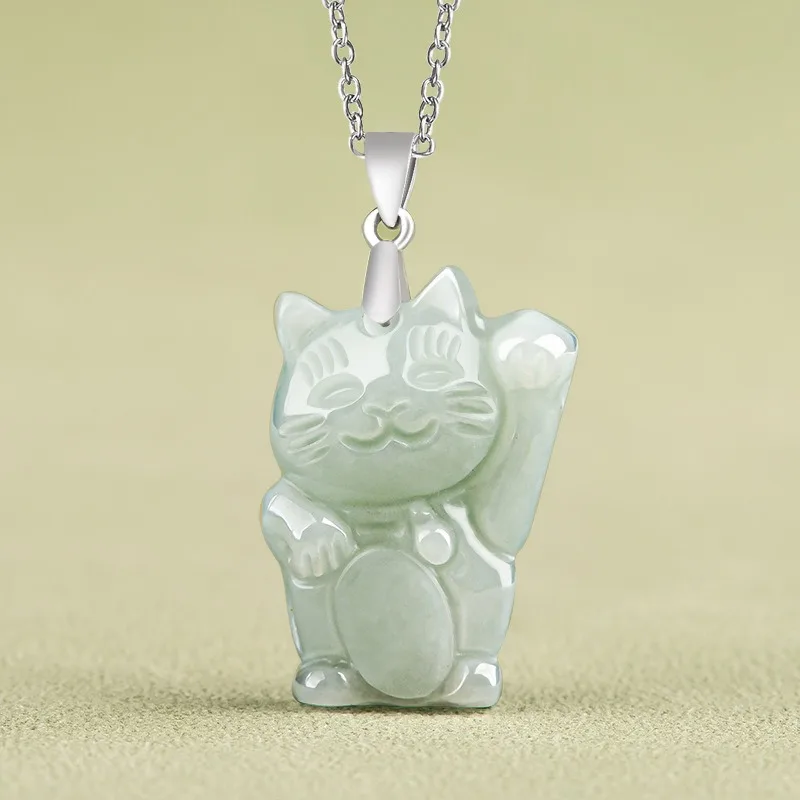 

Natural Burmese Emerald Caicai Cat Jade Pendant 925 Silver Necklace Fashion Charm Jewelry Carved Amulet Gifts for Women Luxury
