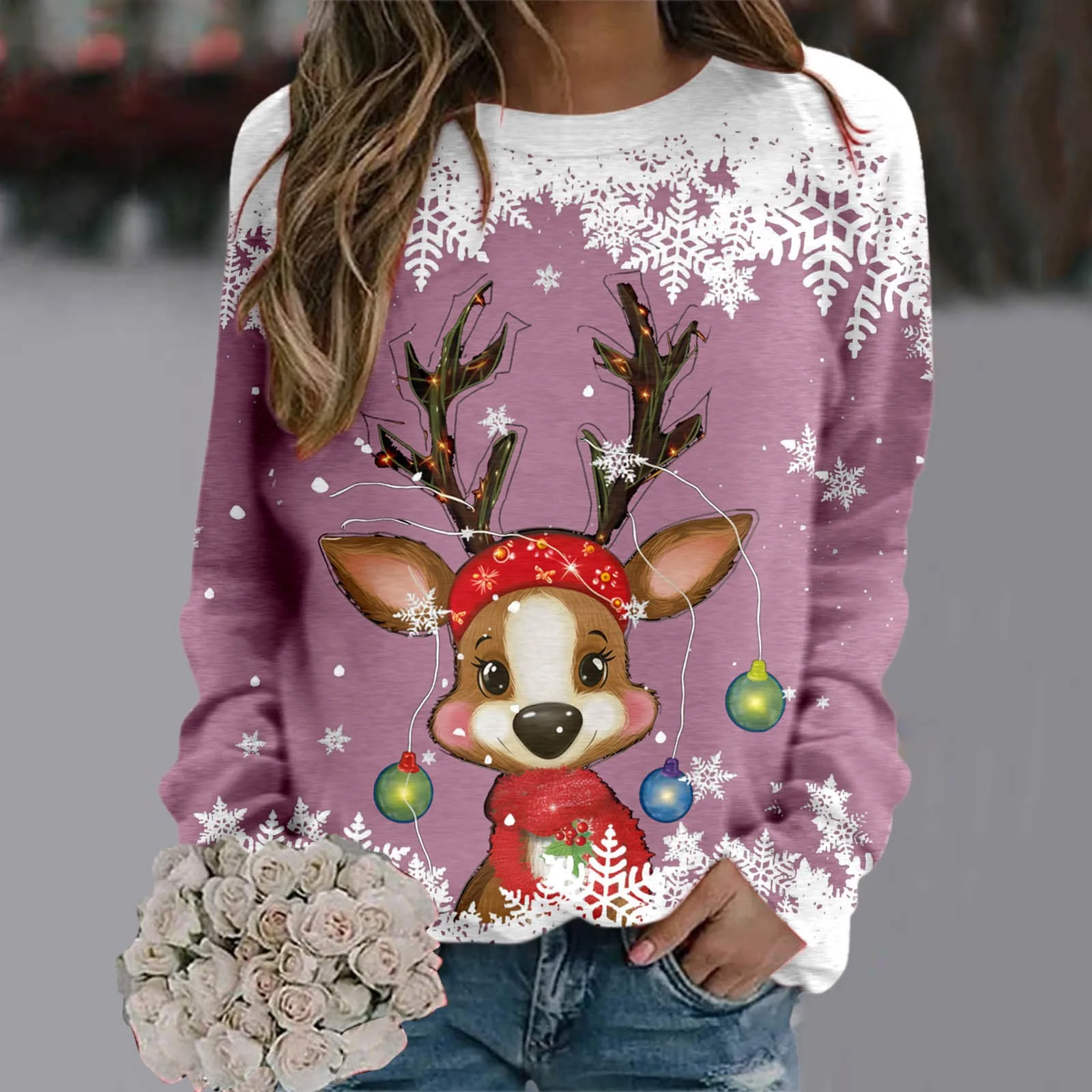

Fashion Christmas Sweaters For Women Teen Girls Long Sleeve Crewneck Sweatshirt Cute Reindeer Graphic Bleached Sweatshirt Women