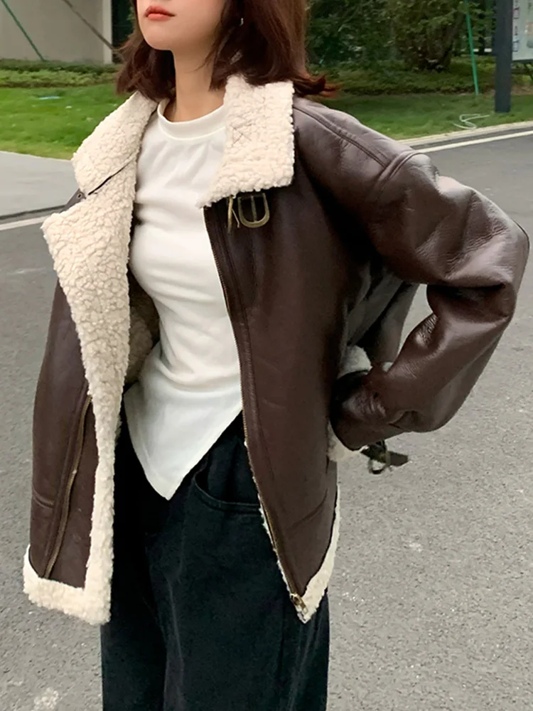 

LY VAREY LIN New Winter Faux Lamb Leather Jacket Women High Street Lapel Zipper Pu Coat Lady Thick Warm Loose Motorcycle Outwear