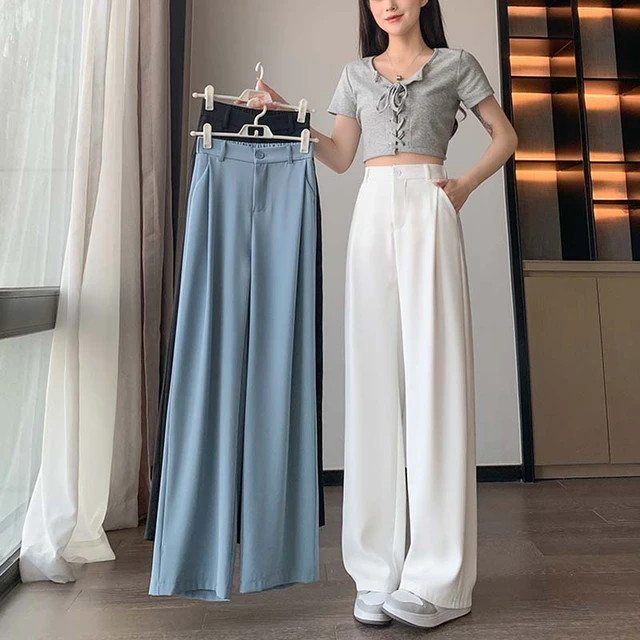 Spring and Autumn High Waisted Wide Leg Pants Women Elegant Pleated  Streetwear Office Casual Ladies Loose Floor Length Trousers - AliExpress