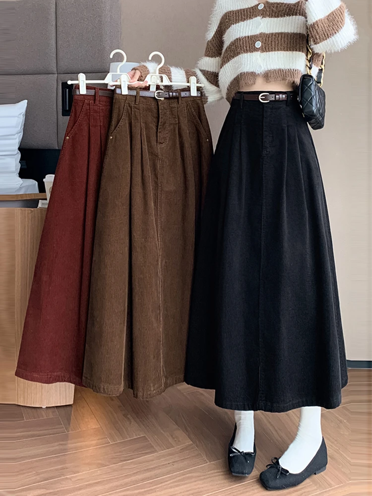 Elegant Winter Corduroy Maxi Long Skirt Women Fashion Korean Big