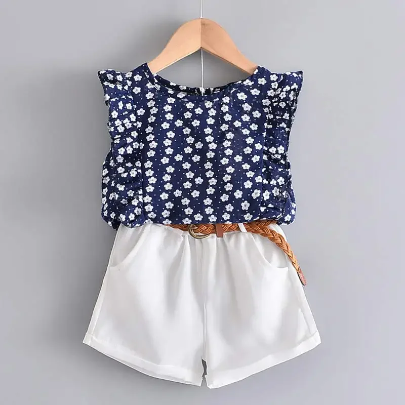 Bear Leader Kids Girl Clothes Fashion Sling Flower Bow Baby Girls Shirt + Stripe Shorts 2pcs Suit Children Clothing Sets