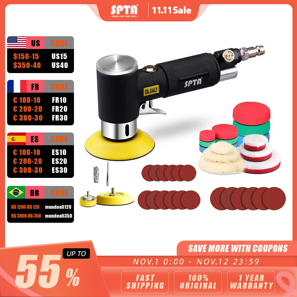 SPTA 1"/2"/3" Random Orbit Air Sander Mini Pneumatic Grinding Machine