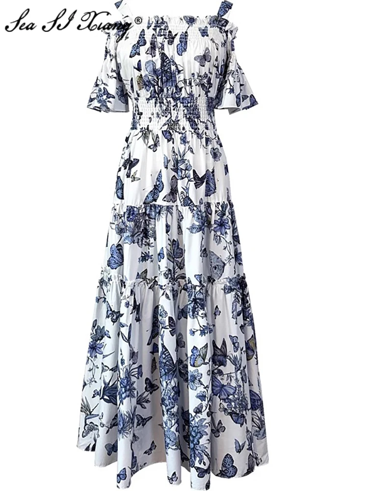 

Женское винтажное Хлопковое платье Seasixiang, весеннее платье на тонких бретельках с рукавом-бабочкой и цветочным принтом, платье с эластичным поясом