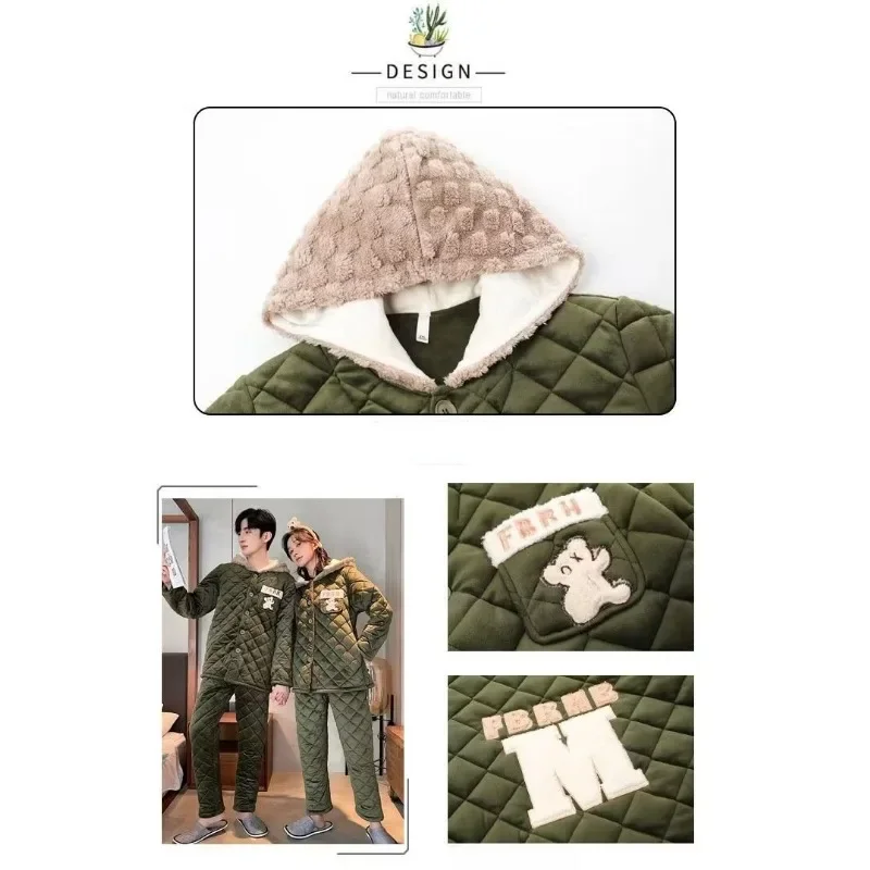 Couple Pajamas Women Winter Three Layers Cotton Coral Velvet Plush Nighty Thickening Warmth Men Home Wear Two-piece Set Outdoor