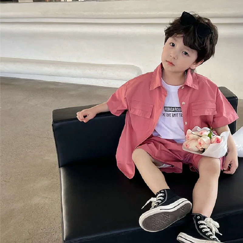 2024 Summer New Boys' Clothing Sets Double Pocket Polo Neck Shirt +Baby Shorts 2Pcs Casual Fashion Children's Clothes_voghion.com