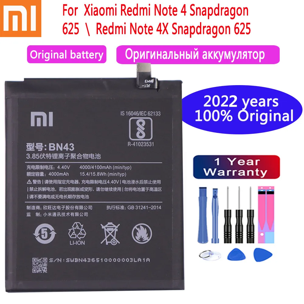 

2022 Years 4000mAh BN43 100% Original Battery For Xiaomi Redmi Note 4X Note 4 Note4 Global Snapdragon 625 Replacement Batteries