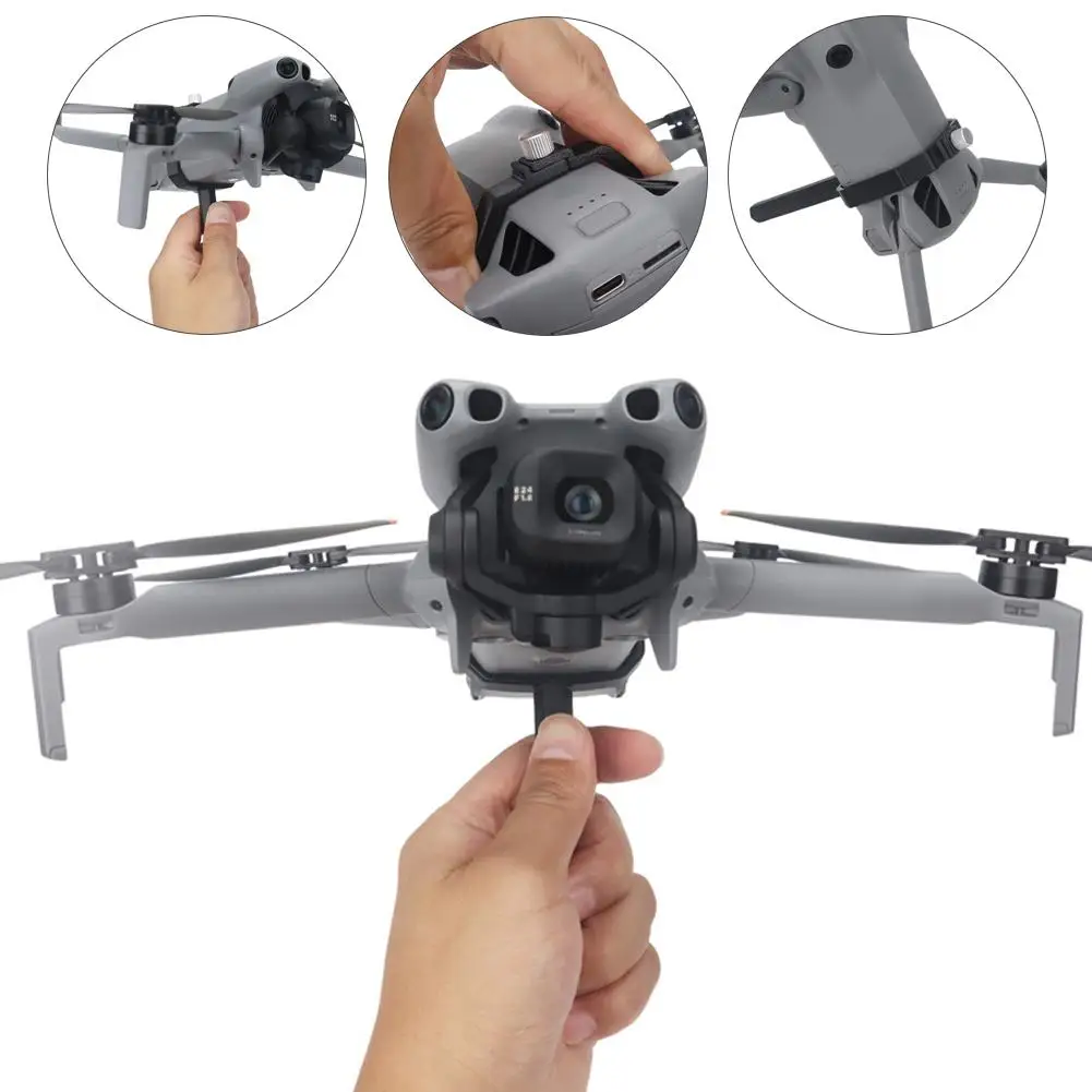 Vue rapprochée du support poignée pour DJI Mini 5 Pro, montrant les attaches et le matériau plastique robuste.