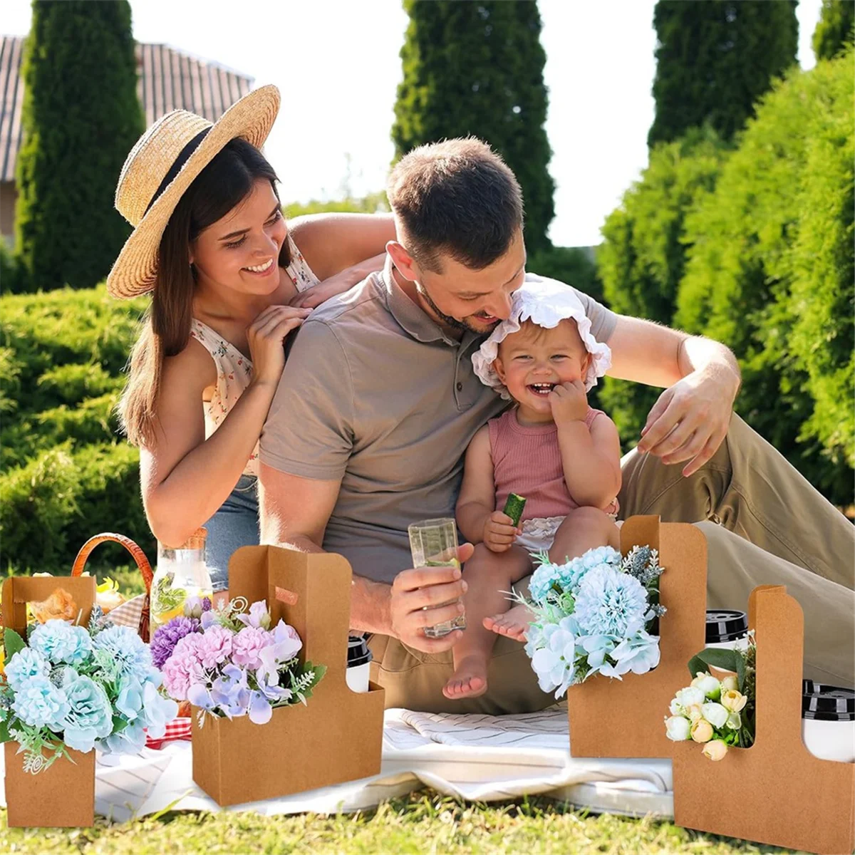 Kraft Flower Gift Bags 25Pcs Drink Carrier with Handle to 2 Cup Rectangle Floral Wrap Packing Box Kraft Flower Holder