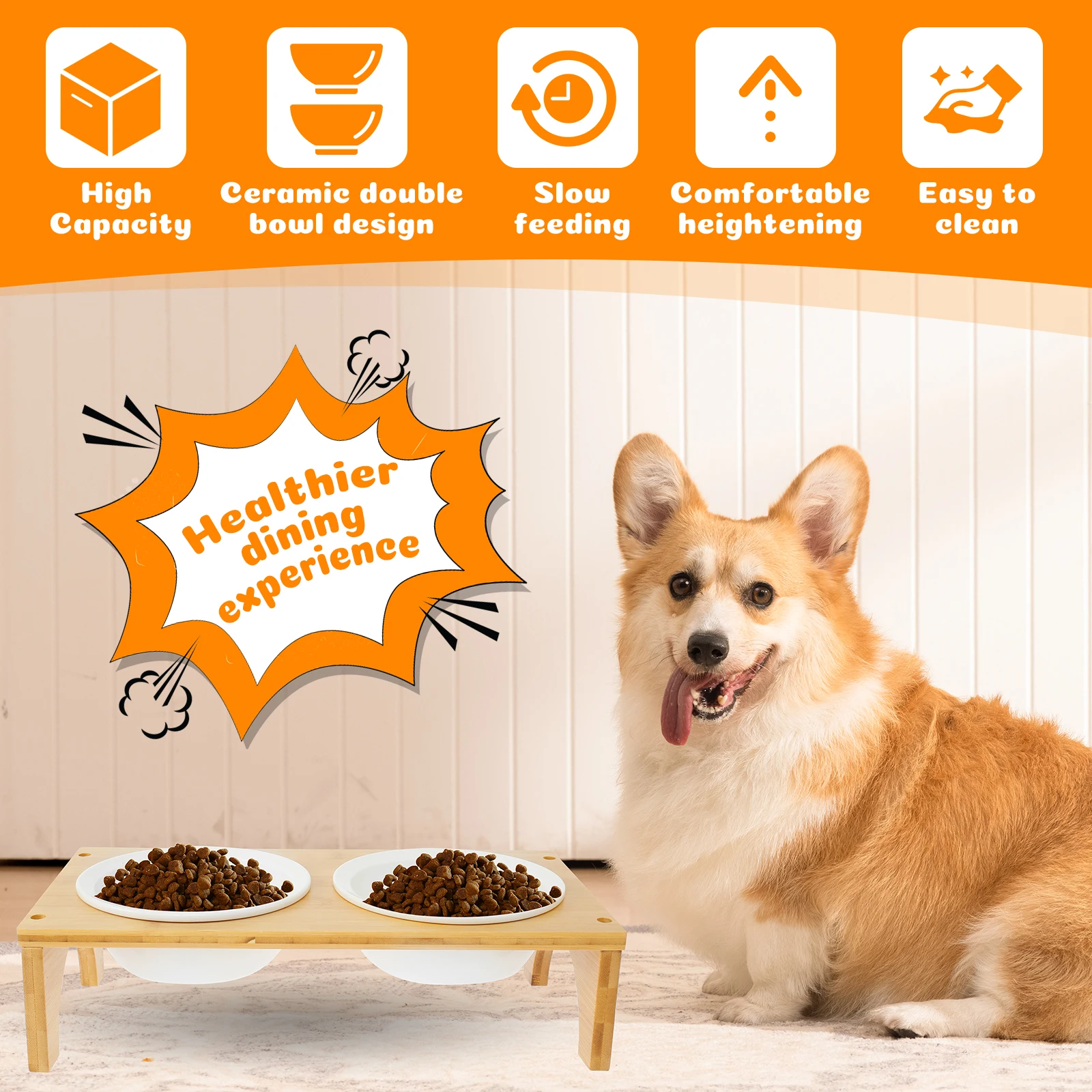 Pet Feeder Double Bowl Ceramic Dog and Cat Bowl with Bamboo Stand Elevated Neck Guard Dog Food and Water Bowl Pet Accessories