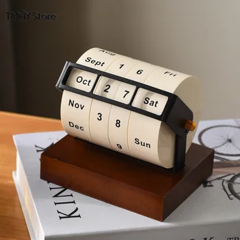 Calendario Perpetuo Girevole Vintage, Versione Inglese con Base in Legno, Ornamento Decorativo Regalo per Studio e Ingresso