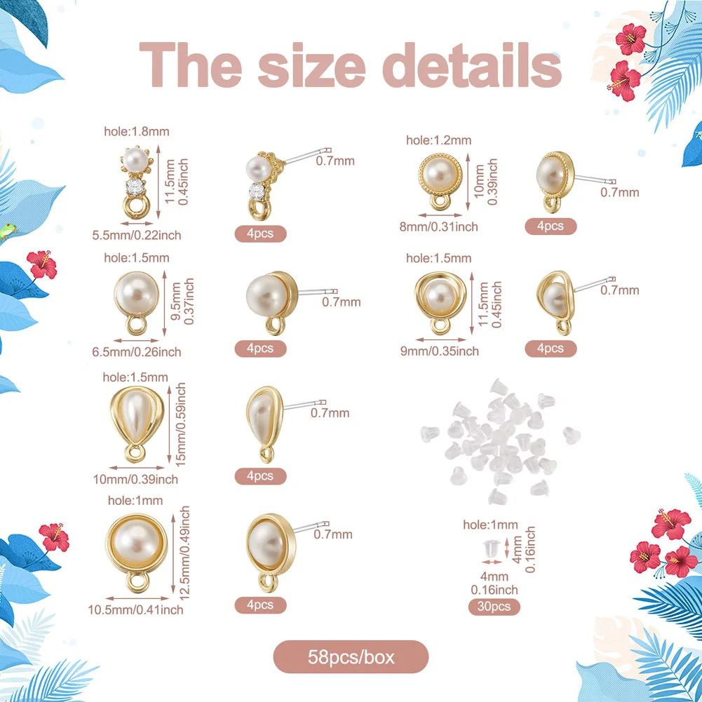 Kissitty 24Pcs 6 Style Alloy Stud Earring Findings With Silver Color Pin ABS Plastic Pearl for Women Earrings Jewelry Finding