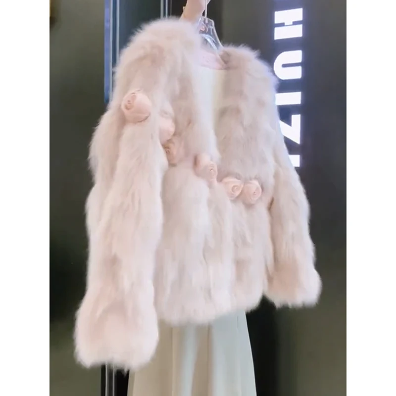 Korean Princess Style Faux Fox Fur Eco-friendly Fur Women's Coat 2023 Autumn Winter Fashion Long Sleeve V-neck Stitching Coat