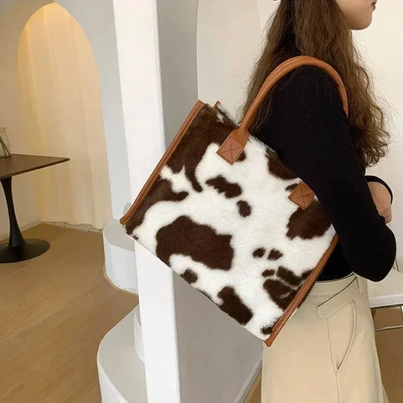Winter Autumn Faux Fur Leopard Print Designer Shopper Totes Fashion Soft Women Shoulder Bags Large Capacity Handbag