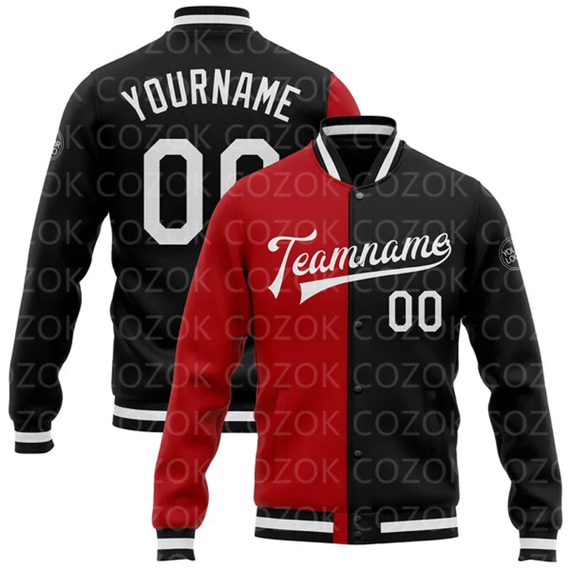 Custom Red splice 3D Printed Baseball Button Jacket Bomber Full-Snap Varsity Letterman Jacket