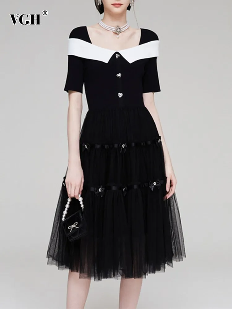

VGH patchwork button slimming dress for women square collar short sleeve high waist spliced mesh elegant a line dresses female