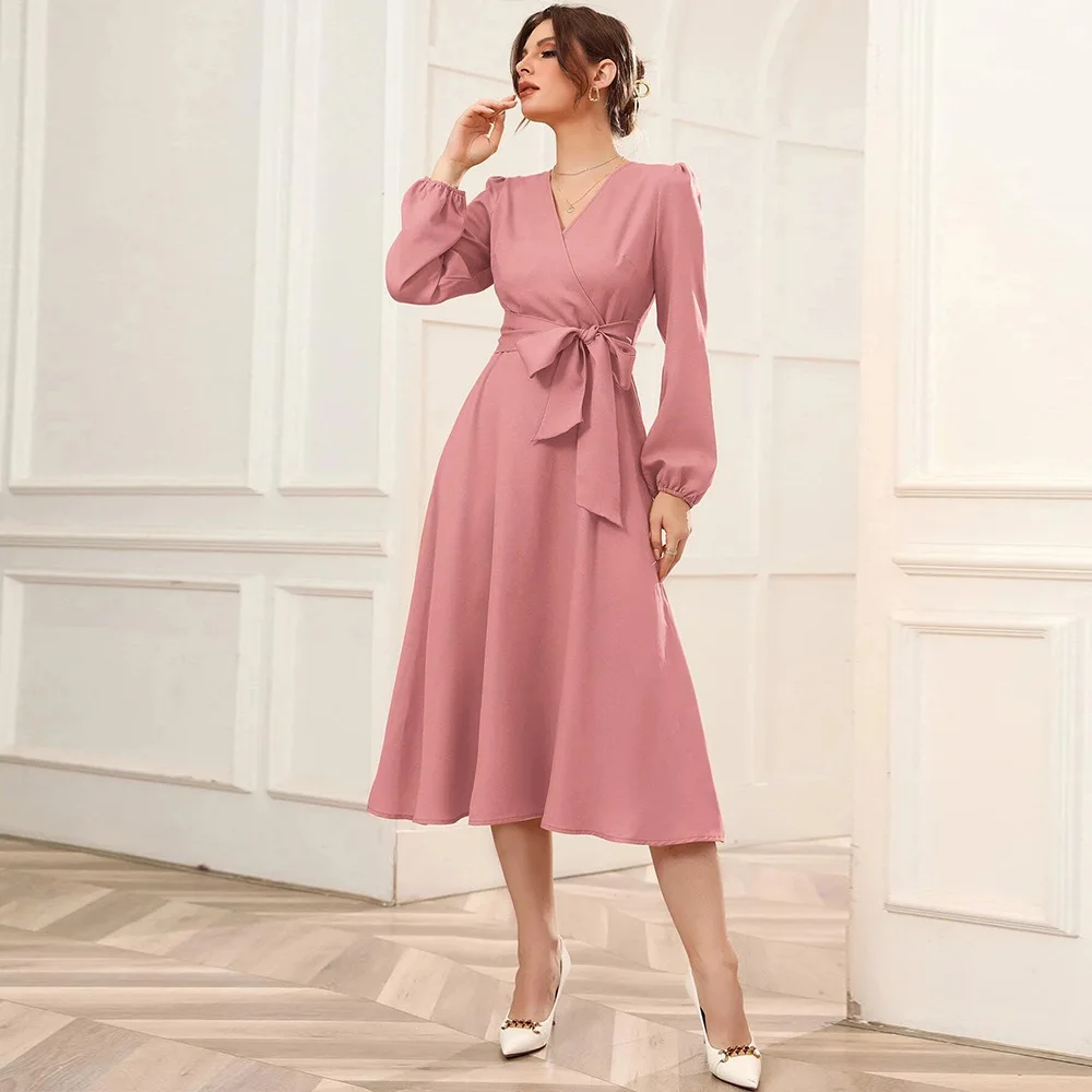 

2023 Spring/Summer New Bubble Sleeve Belt V-Neck Temperament Long Sleeve Large Hemline Women's Dress Mid length Dress