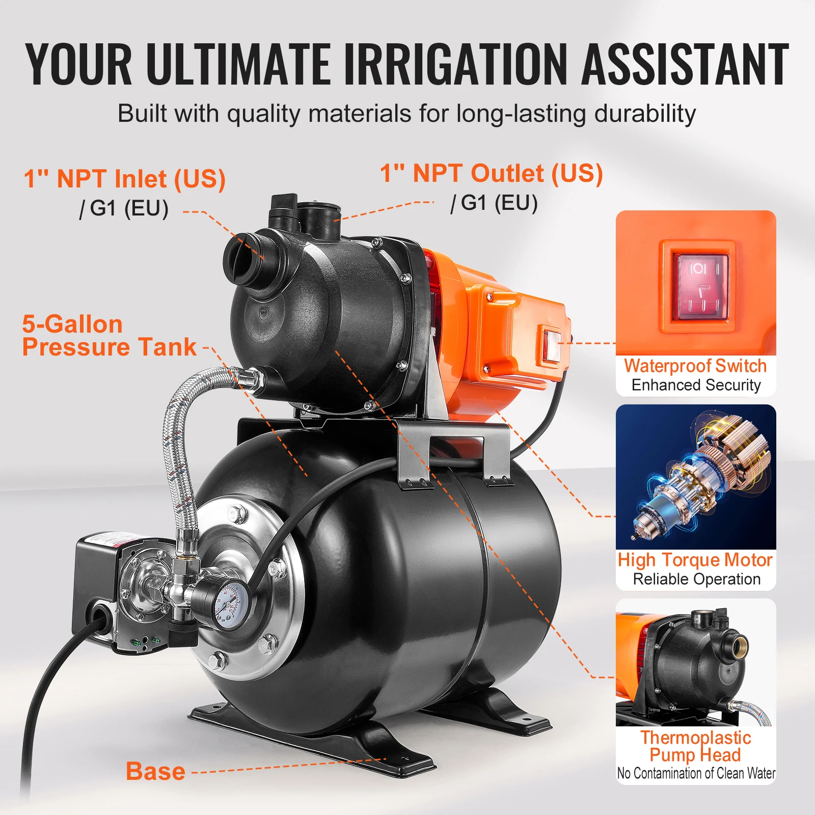 1 HP Shallow Well Pump 5 Gal Tank 1000 GPH Automatic Irrigation Water Booster Pump Home Garden