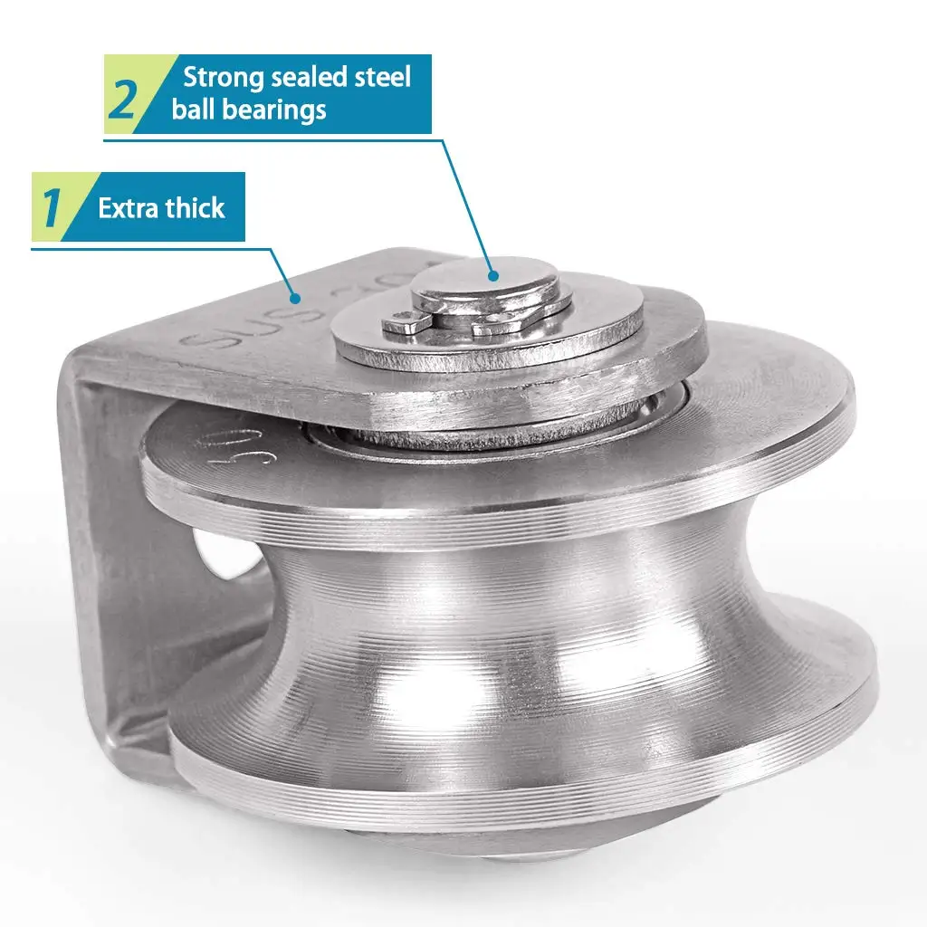 Aciemoke U Groove Pulley Block 2" 304 Stainless Steel Pulley Roller Duplex Bearing Single Wheel for Wire Rope Traction