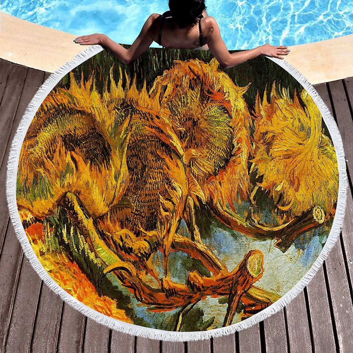Van Gogh Oil Painting Round Beach Towels,Polyester Sand Resistant Beach Blankets,Soft Absorbent Quick Dry Pool Towel Picnic Mat 5