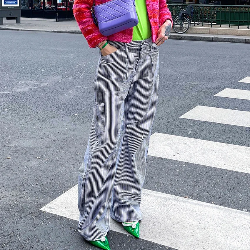 

2022 Spring and Autumn New Trousers Striped Loose Tooling Trend Fashion Niche Wide-Leg Pants Casual Pants Women's Clothing