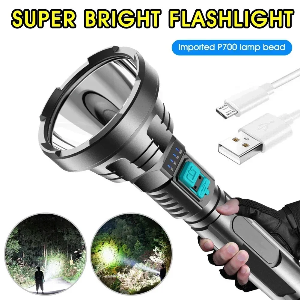 가정 및 야외용 대형 장거리 LED 손전등 강력한 조명 USB 충전 ABS 소재 배터리 표시 기능 포함