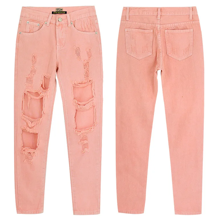 High Waist Straight Denim Pants Women Fashion Pink Orange BF Style Denim Trousers Women Ankle-length Big Hole Jeans Femme ariat jeans