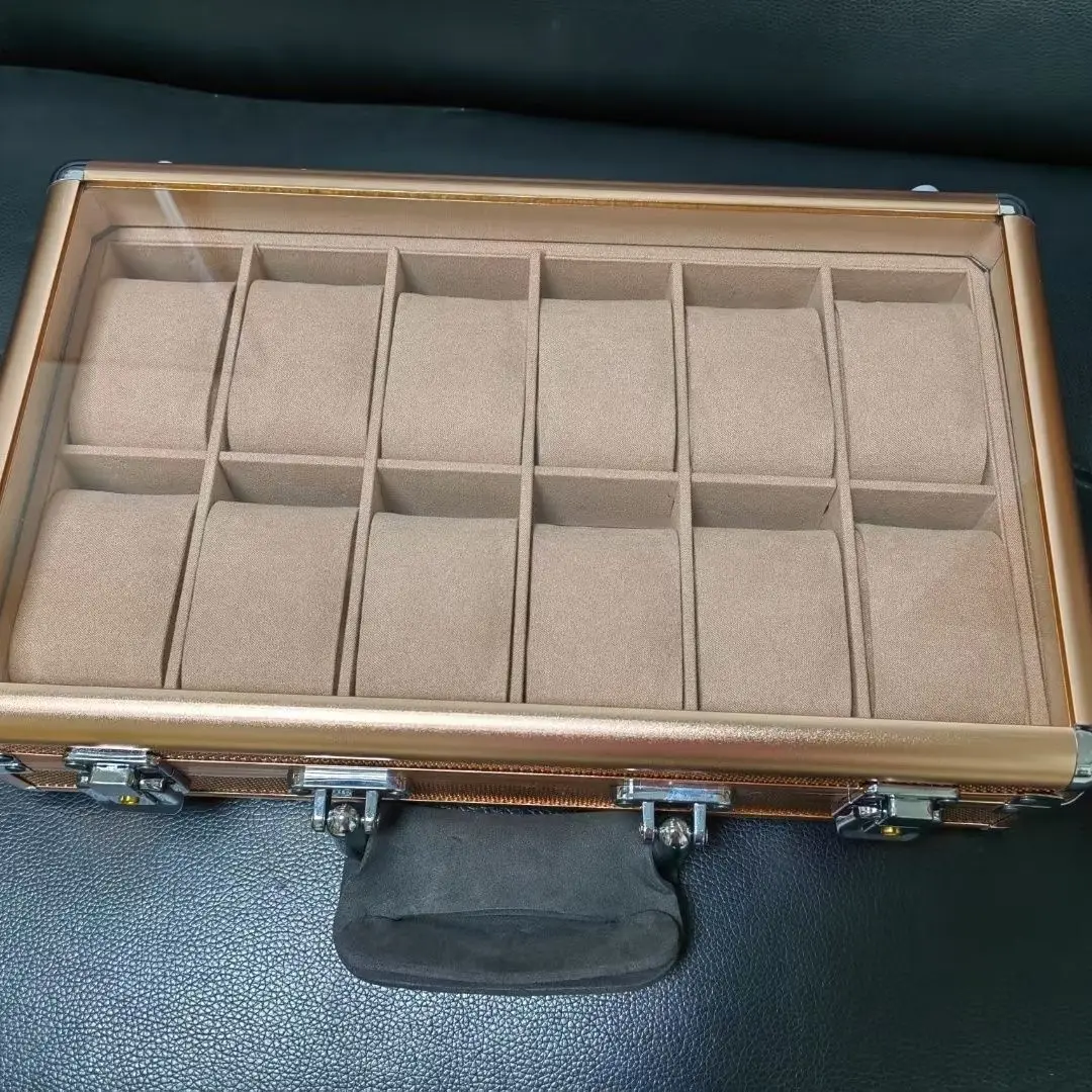 12 Slots Aluminum Jewelry Storage Box with Window, Clear Top Light Luxury Watch Case Organizer for Watches Briefcase