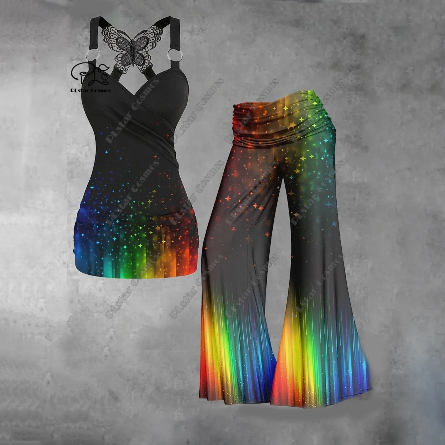 

PLstar Cosmos 2023 new 3D printing women's literary rainbow gradient smudged faded vest + wide-leg pants two-piece set