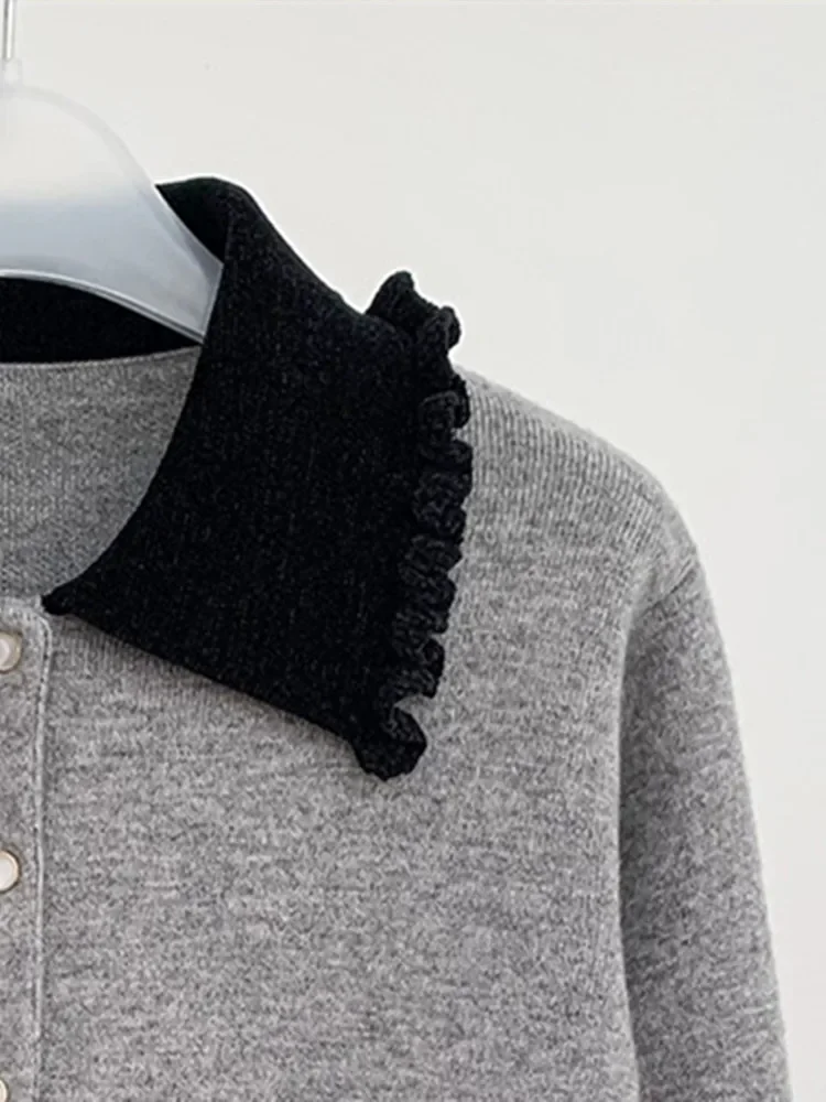 Grey Women Turn-Down Collar Slim Knitted Jacket Single Breasted Fashion Splices Early Autumn 2023 Lady Long Sleeve Cardigan Top