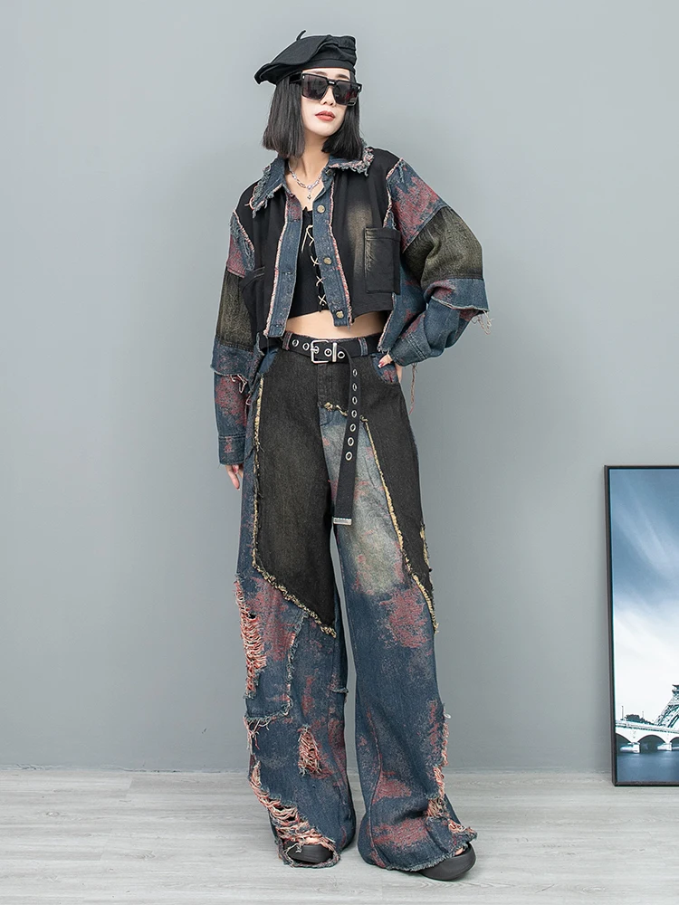 2024 Spring Autumn New Personalized Denim Long Sleeved Jacket Burr Edges Holes + Wide Leg Pants Two-piece Set Women LX080