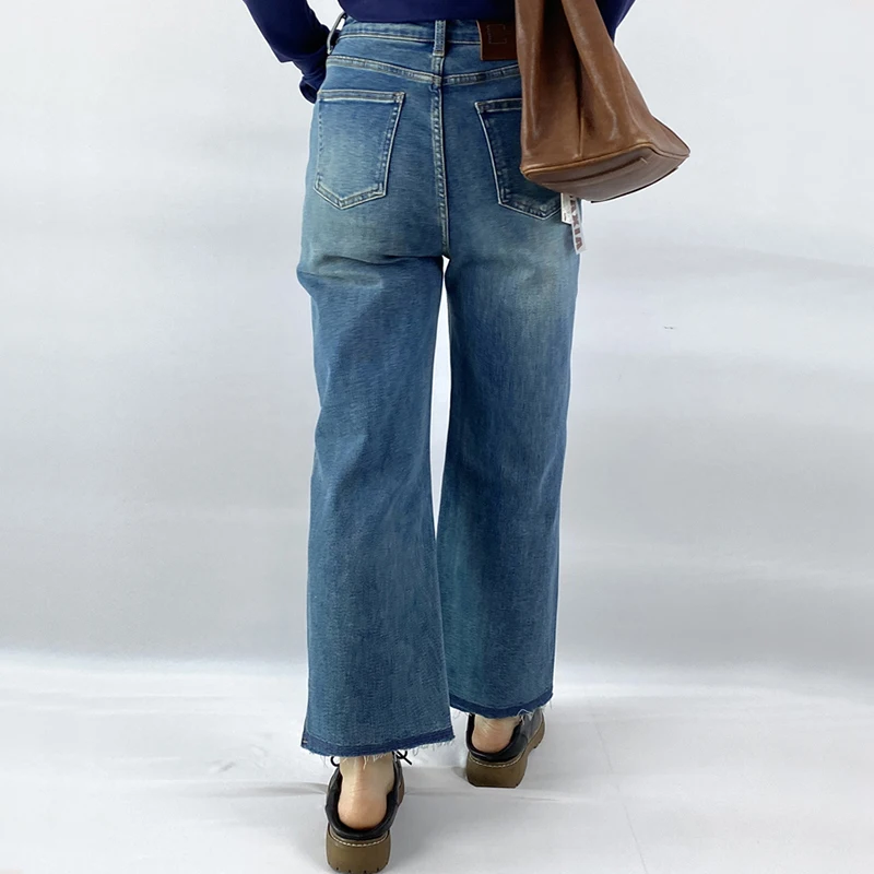 Fashion Plus Size Women's Jeans Autumn Quality Casual Stretch Denim Slit Leg Opening Fringed Straight Ankle-length Pants 115