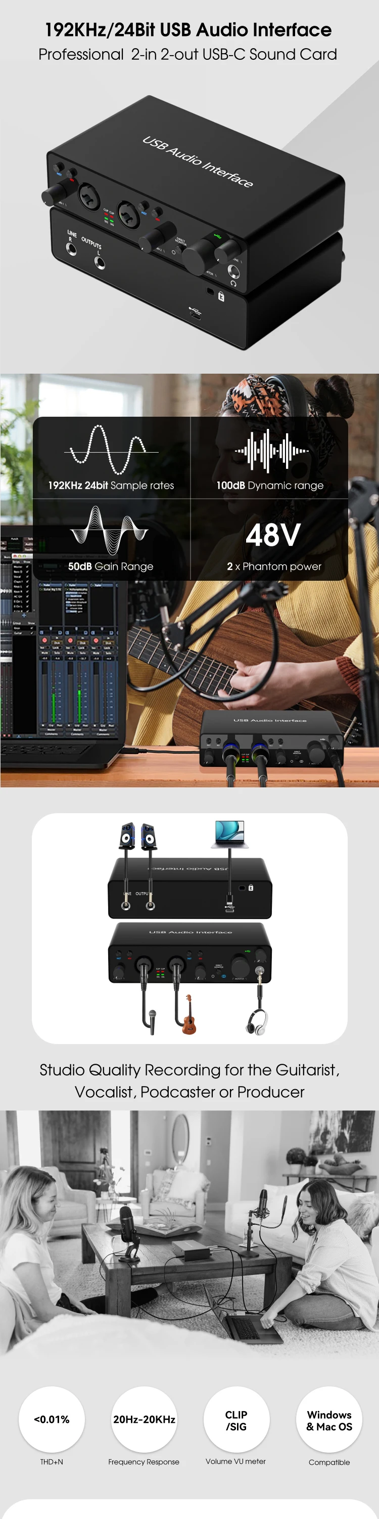 192KHz 24 Bit Professional Condenser Studio Microphone Headset USB Audio Interface Sound Card Set for Podcast Recording