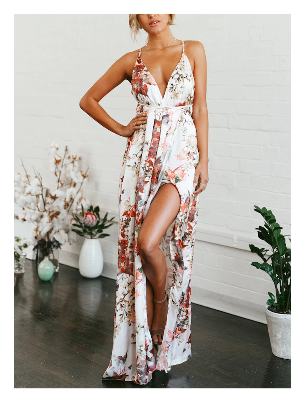 Women's Strap Floral Print Lace Up Backless Deep V Neck Sexy Split Beach Maxi Dress bodycon dress