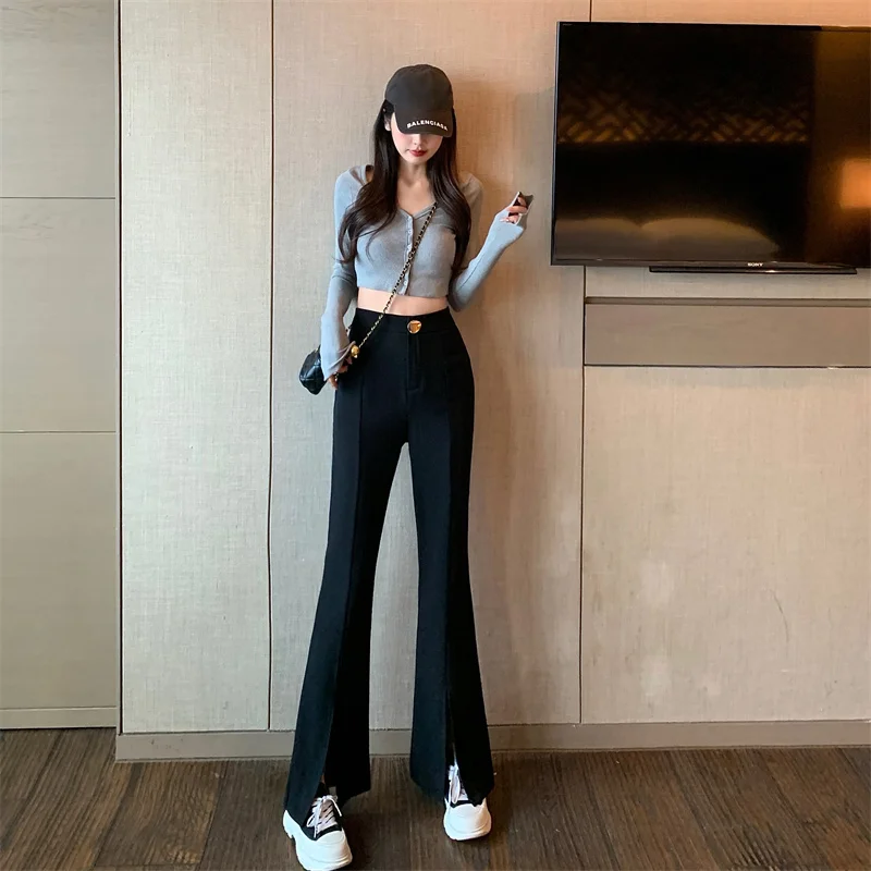 Black Suit Pants Women's Sweet Cool Style High Waist Split Vertical Casual Pants Summer Wide Let Pants Slightly Floor Dragging