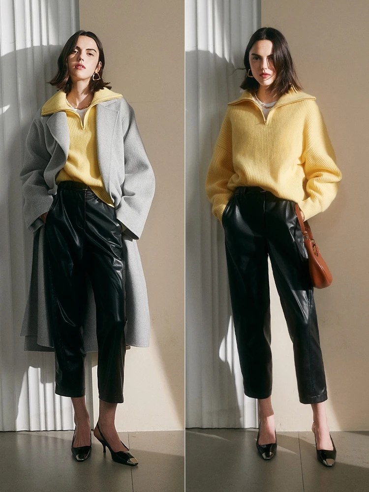 S9ee742283e9d4d20993bec6dd94dc035r Winter Women's Turtleneck Knitted Fashion Zippers Sweaters Oversized Solid Gray Black Casual Long Sleeve Pullovers for Women Mallzona