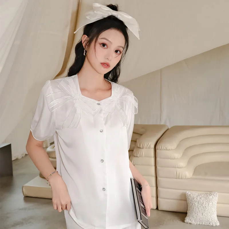 New women's pajamas sequin bow solid color short-sleeved two-piece set pajamas سكسي نيك  woman pj set
