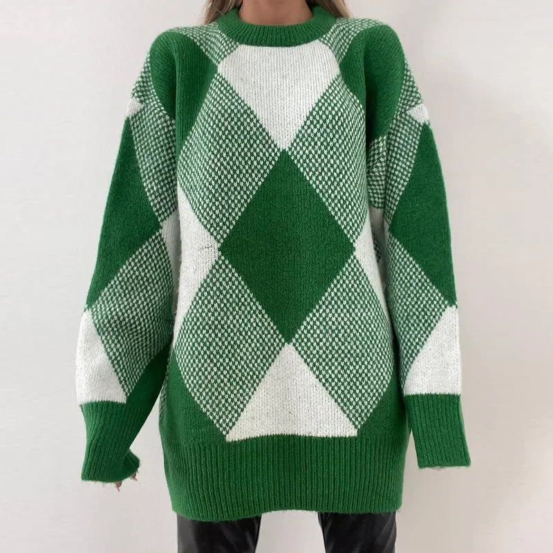 

2023 Half-Turtleneck Pullover Sweater Loose Green Diamond Checkered Sweater Long Sleeve Casual Fashion Commuter Style