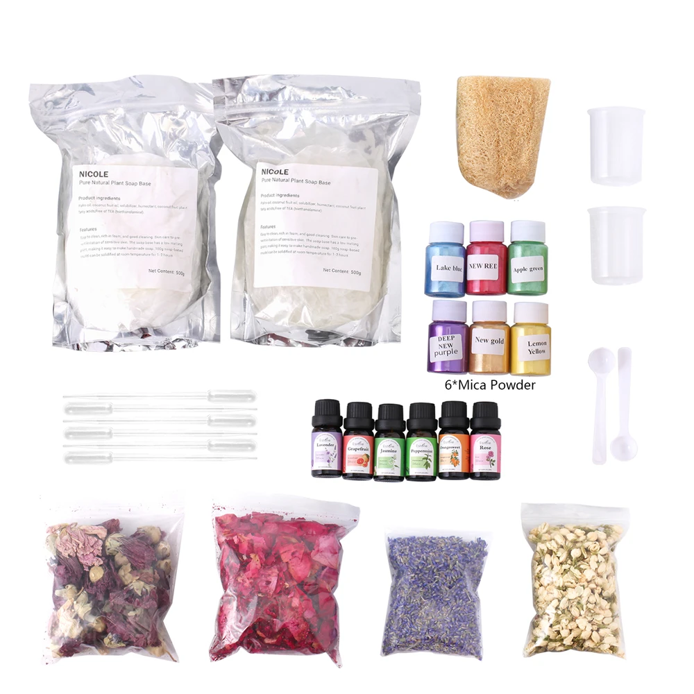 GBhouse Boowan Handmade Soap Making Kit DIY Supplies 6 Color Soap Pigment Liquid Colorant Base Dried Flowers Kit