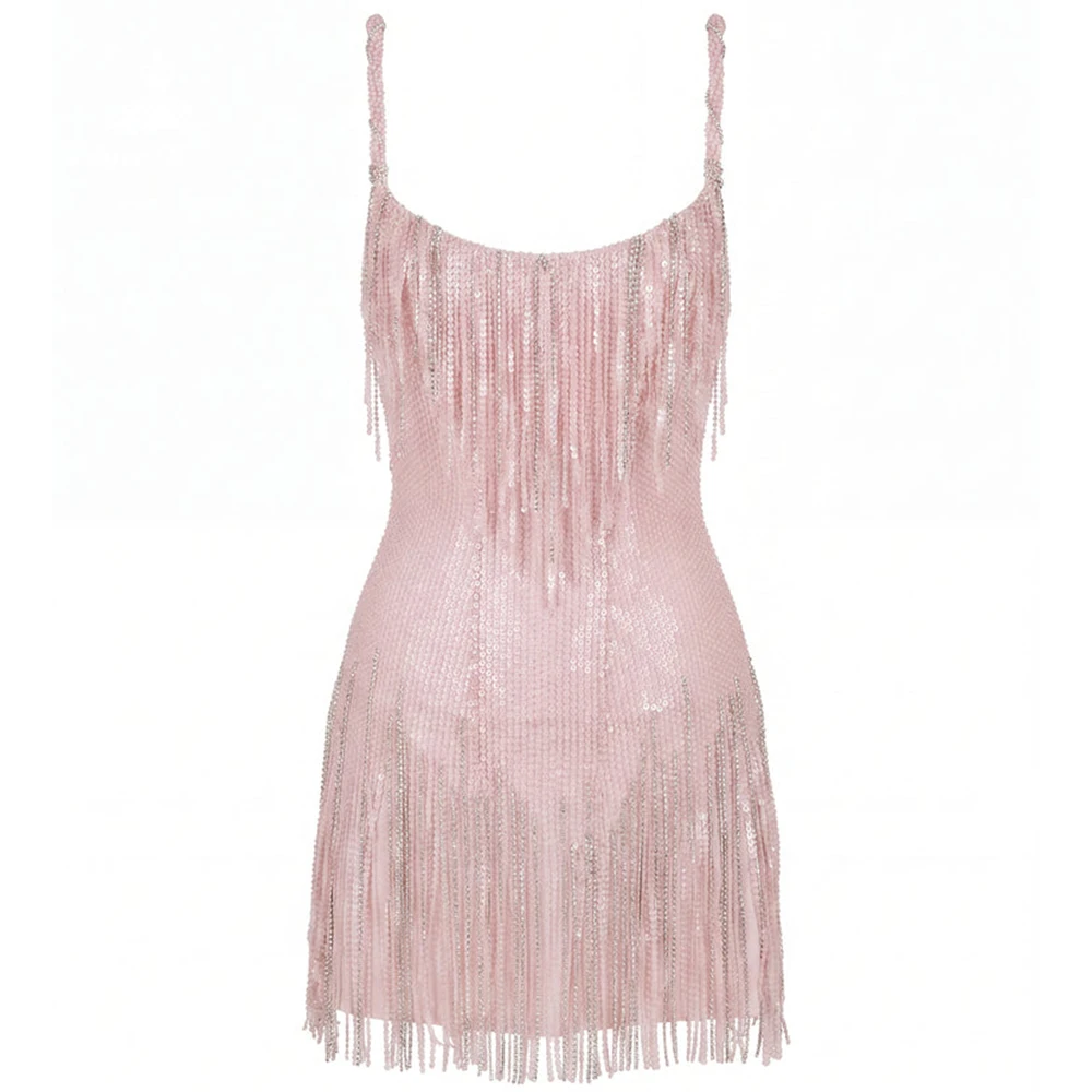 Beaded Fringe Bodycon Mini Prom Dress Scoop Neck Evening Dress Spaghetti Strap Short Women's formal evening gowns Customized 5